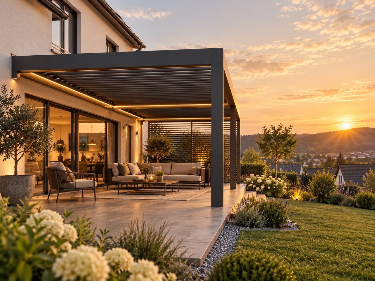 Lamellendach mit LED-Beleuchtung und Lounge-Terrasse bei Sonnenuntergang