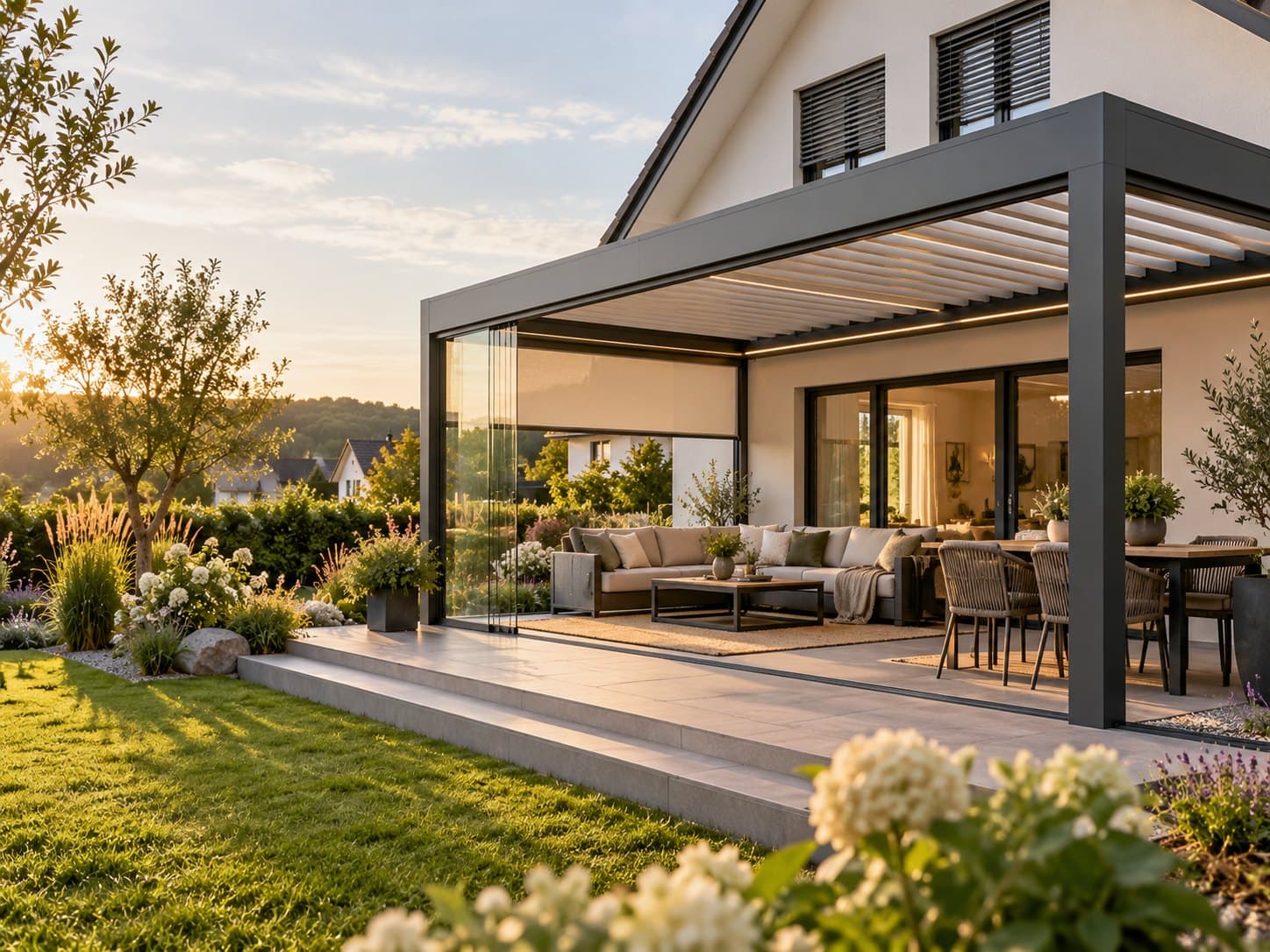 Lamellendach mit Glasschiebewand, Senkrechtbeschattung und Lounge an einem Einfamilienhaus bei Sonnenuntergang